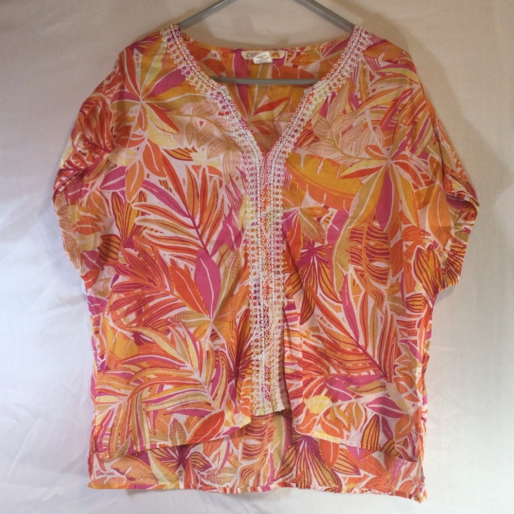 C and C California tropical print blouse pink orange size XL vibrant casual